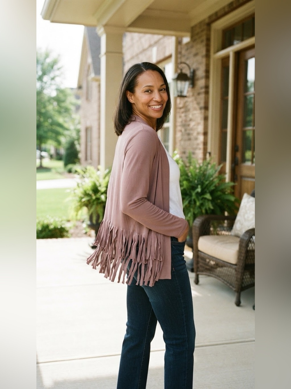 Attitudes by Renée® Women’s Open Front Cardigan Fringe Hem Mauve Size 1X NEW